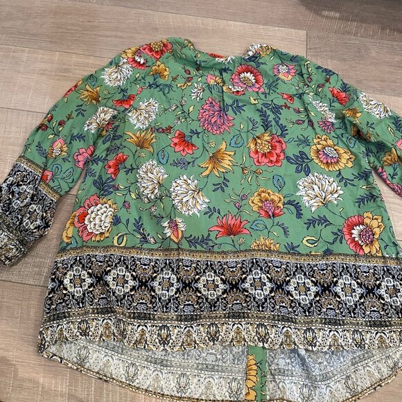 Figueroa & Flower Womens Floral Green Peasant Top With Border Detail Large new - Picture 7 of 8